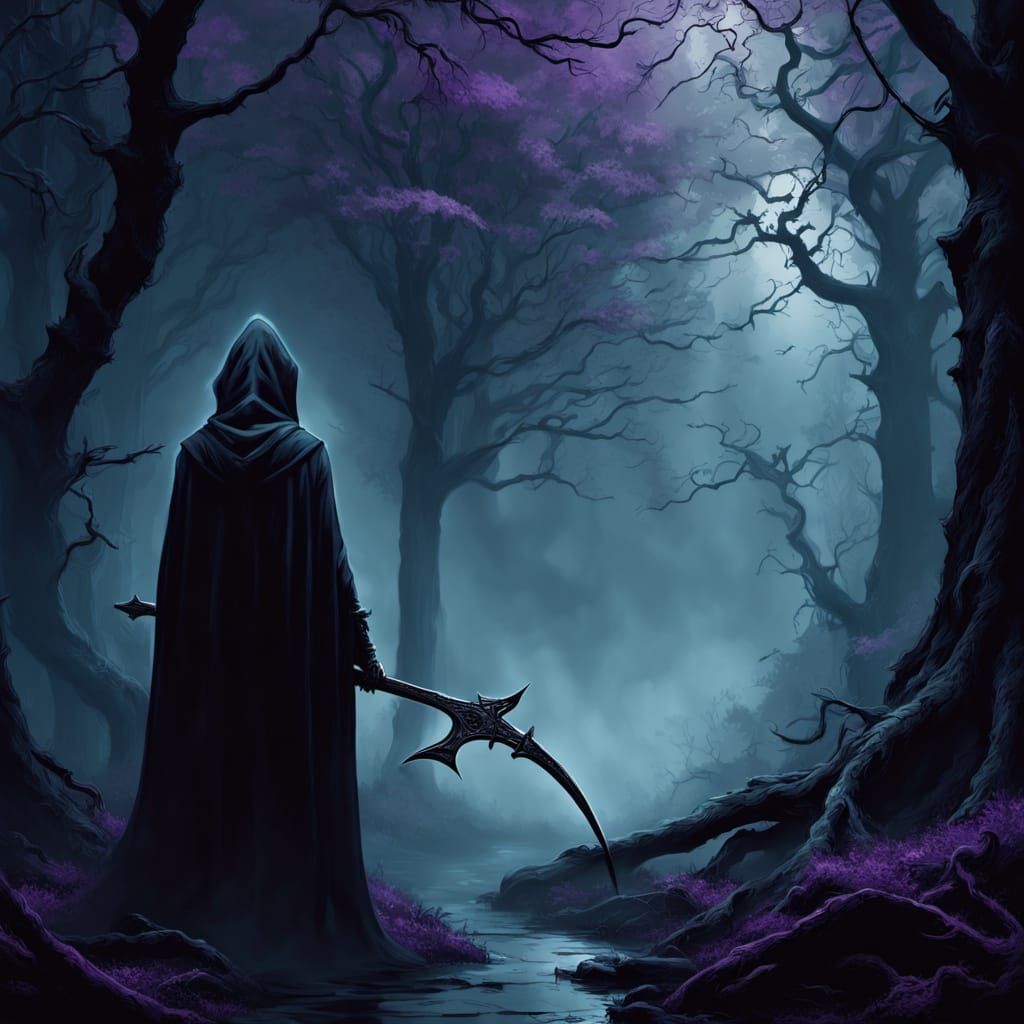 Gothic Hooded Figure Amidst Twisted Forest
