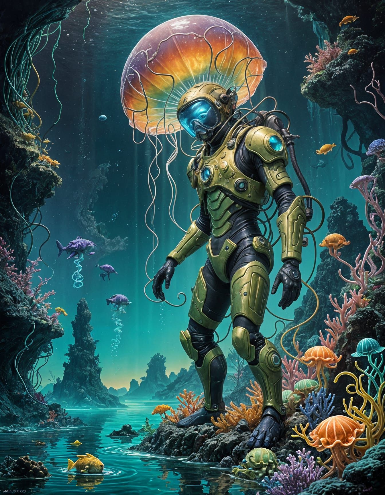 Surreal Underwater Realm with Bioluminescent Coral and Exoti...