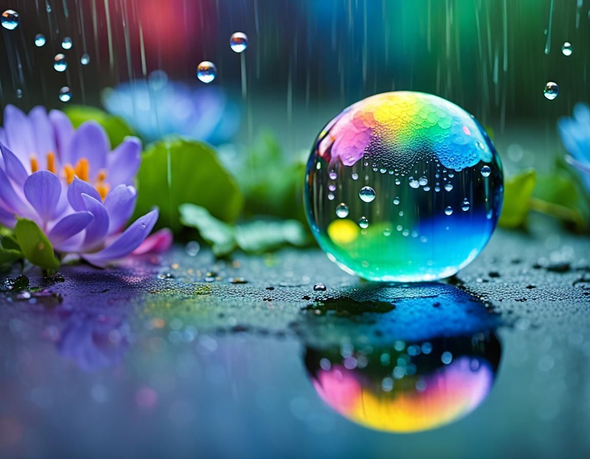 Iridescent Water Bubble with Rainbow Bokeh Background