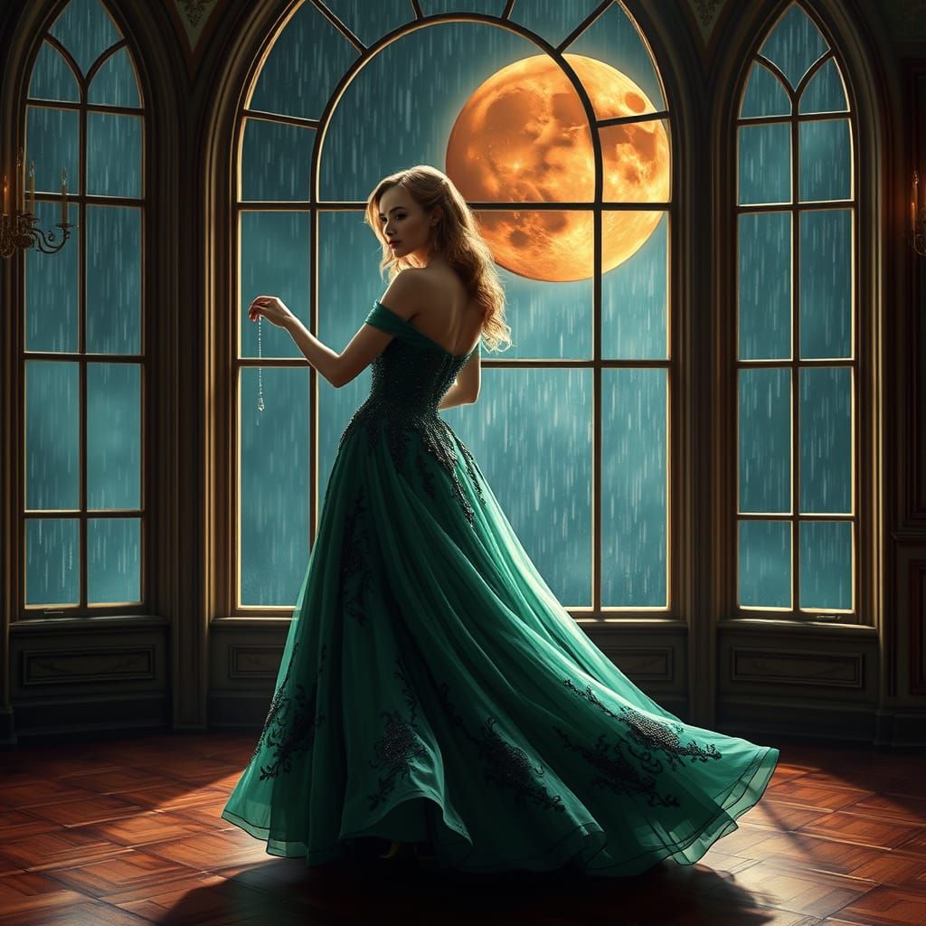 Ethereal Ballroom Scene Under a Blood Moon