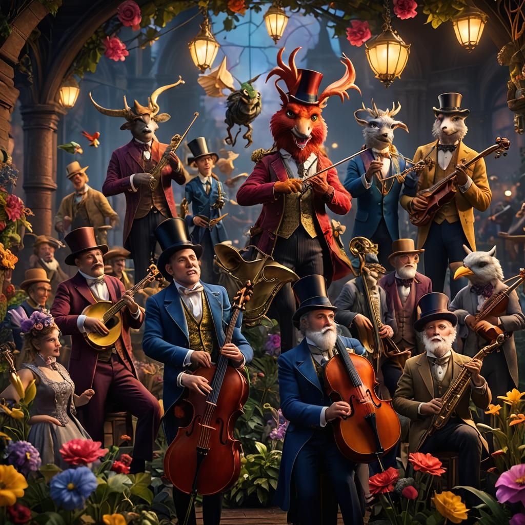 Mythical Creatures Ragtime Band in Photorealistic Gouache