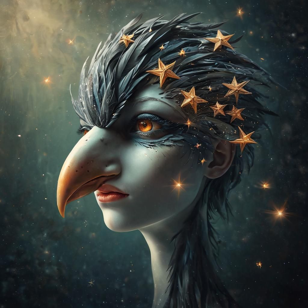 Surreal Cosmic Portrait of Avian Humanoid in Dreamscape