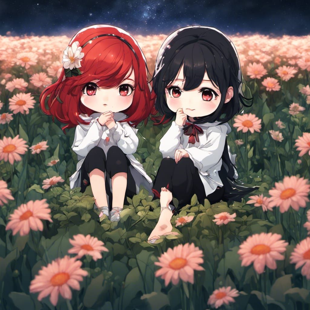 Chibi Girls in Starry Flower Field at Night