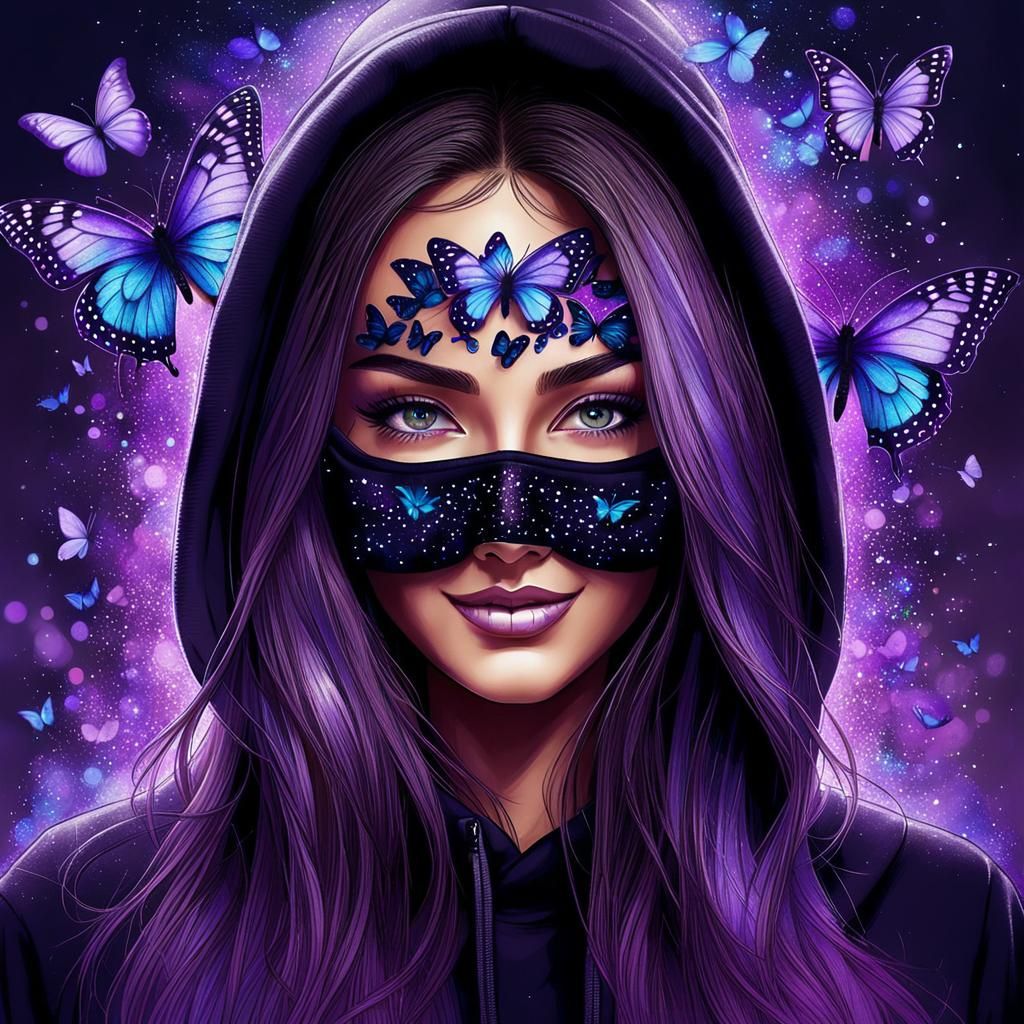 Girl in Hoodie with Purple Ink Mask, Bioluminescent Art