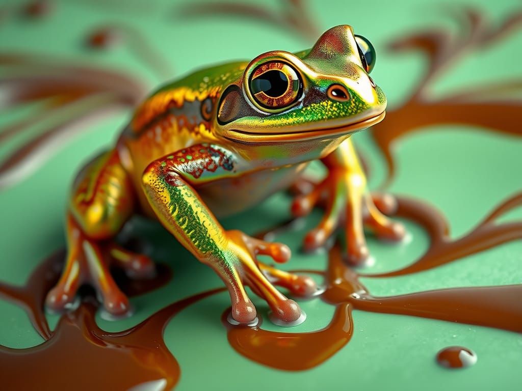 Iridescent Chocolate Frog Leaping in Surreal Scene