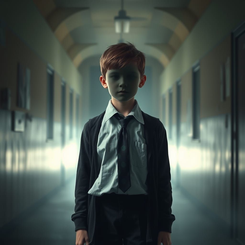 Eerie Schoolboy in Abandoned Corridor