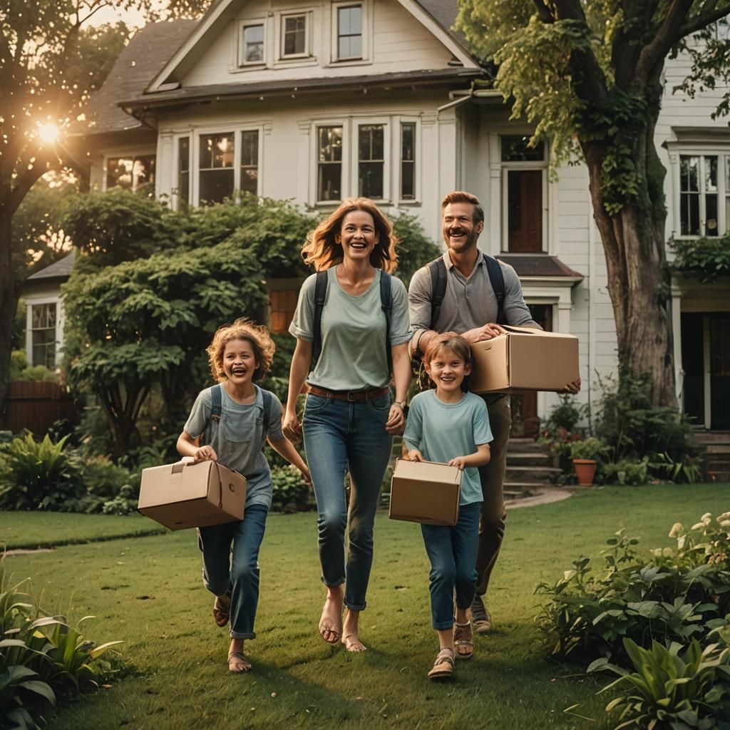 Cinematic Family Moving into Old House at Sunset