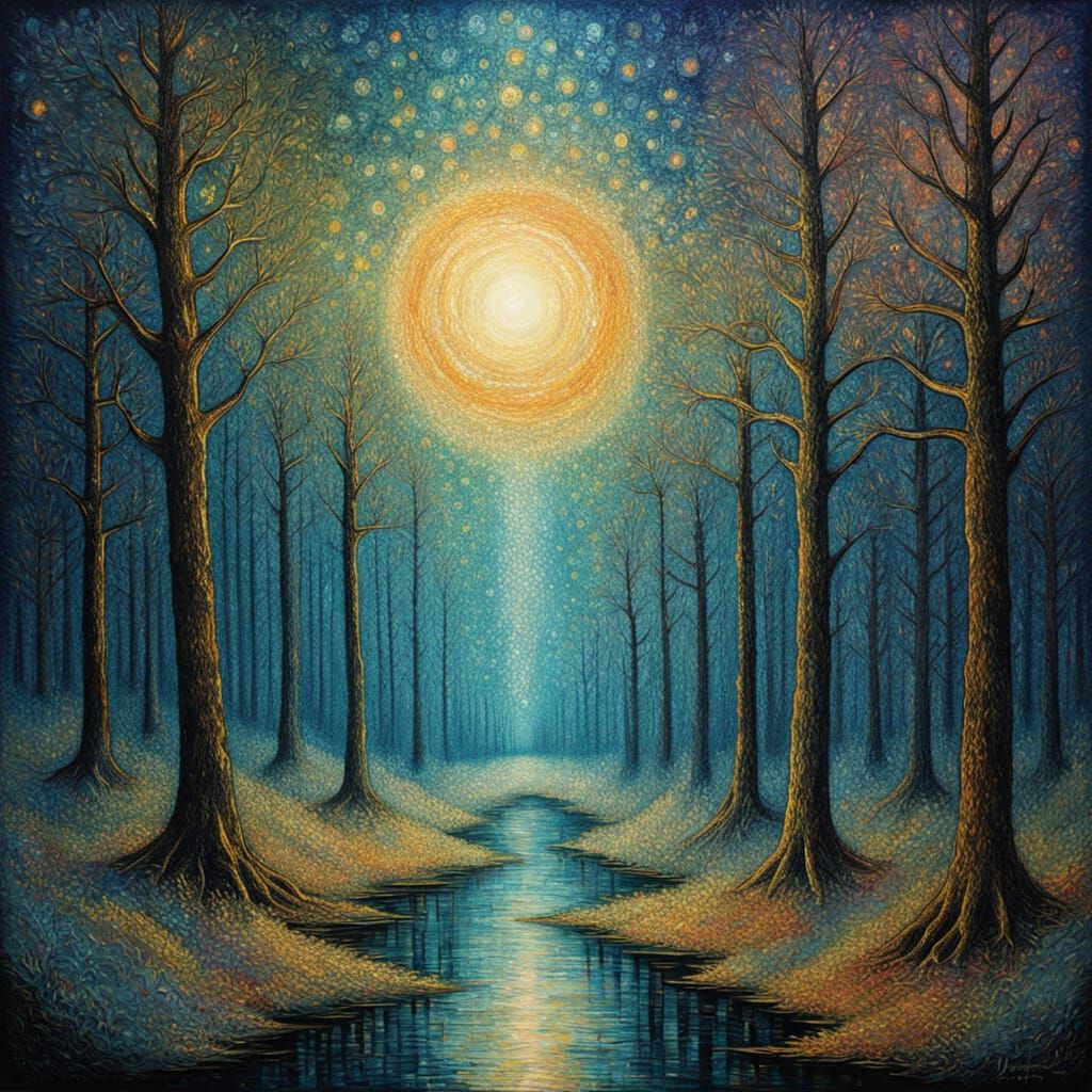 Humanoid Light-Bearer in Dream-Glade, Neo-Impressionist Styl...