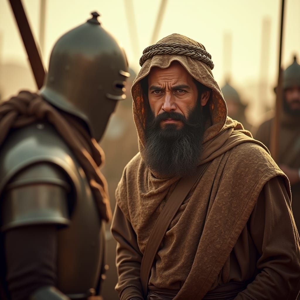 Saladin Approaches Crusader Knight in Cinematic Lighting