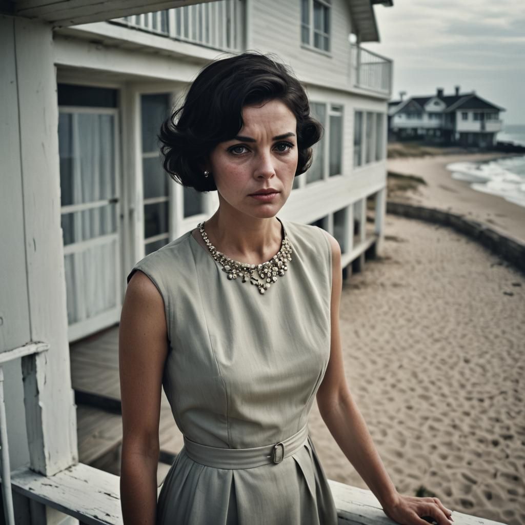 Sad Woman on Balcony in 1960s Style