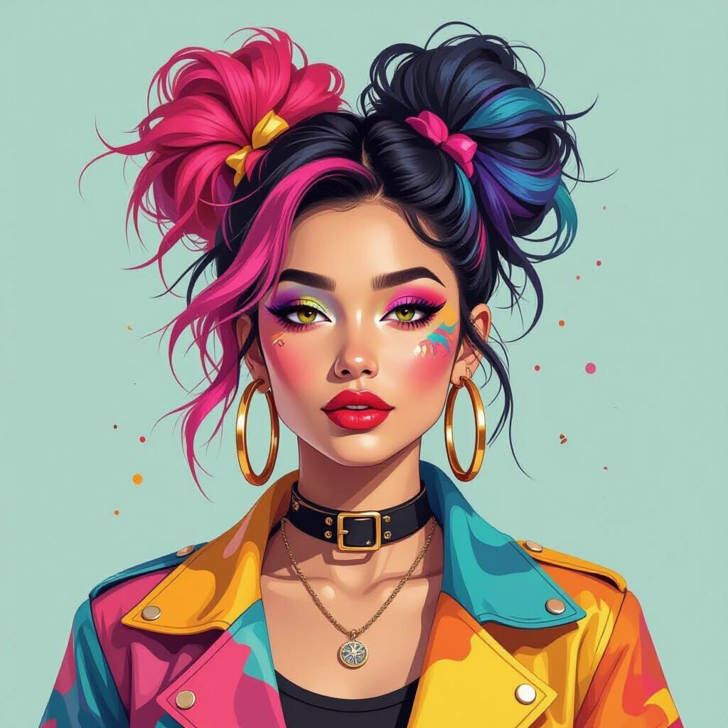 Woman with Colorful Hair in Digital Art Style