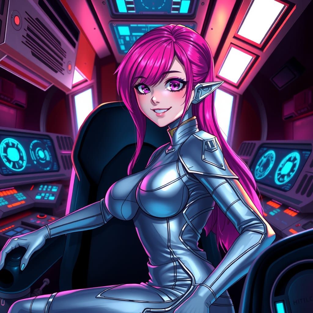 Anime-Style Alien Captain on Spaceship Cockpit