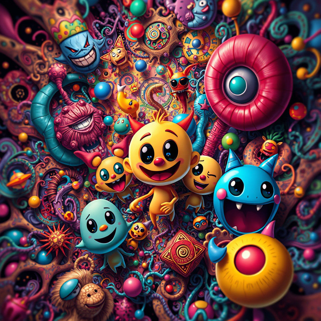Whimsical Cartoon Characters in Psychedelic Fractal Art