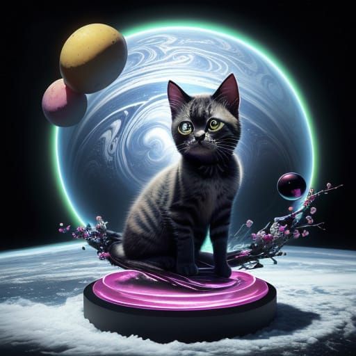 Whimsical Cherry Kitten Amidst Saturnian Landscape