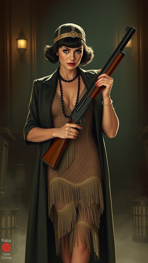Flapper Concealing Shotgun in Film Noir Style
