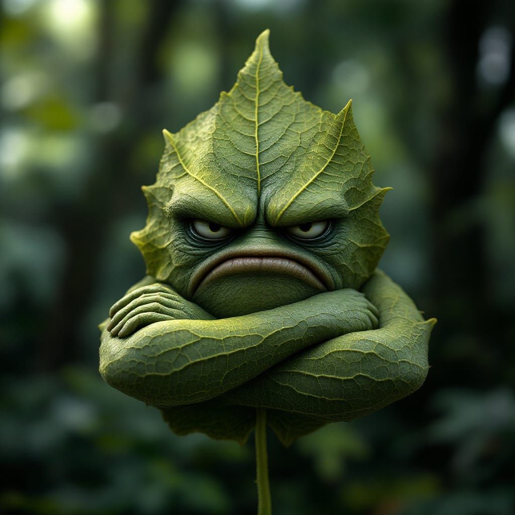 Grumpy Leaf with Folded Arms in Forest