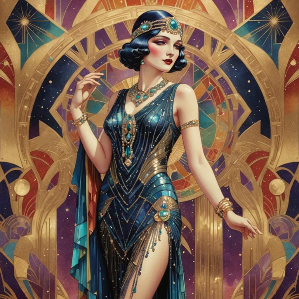 Glamorous Art Deco Flapper in Jewel-Toned Gown