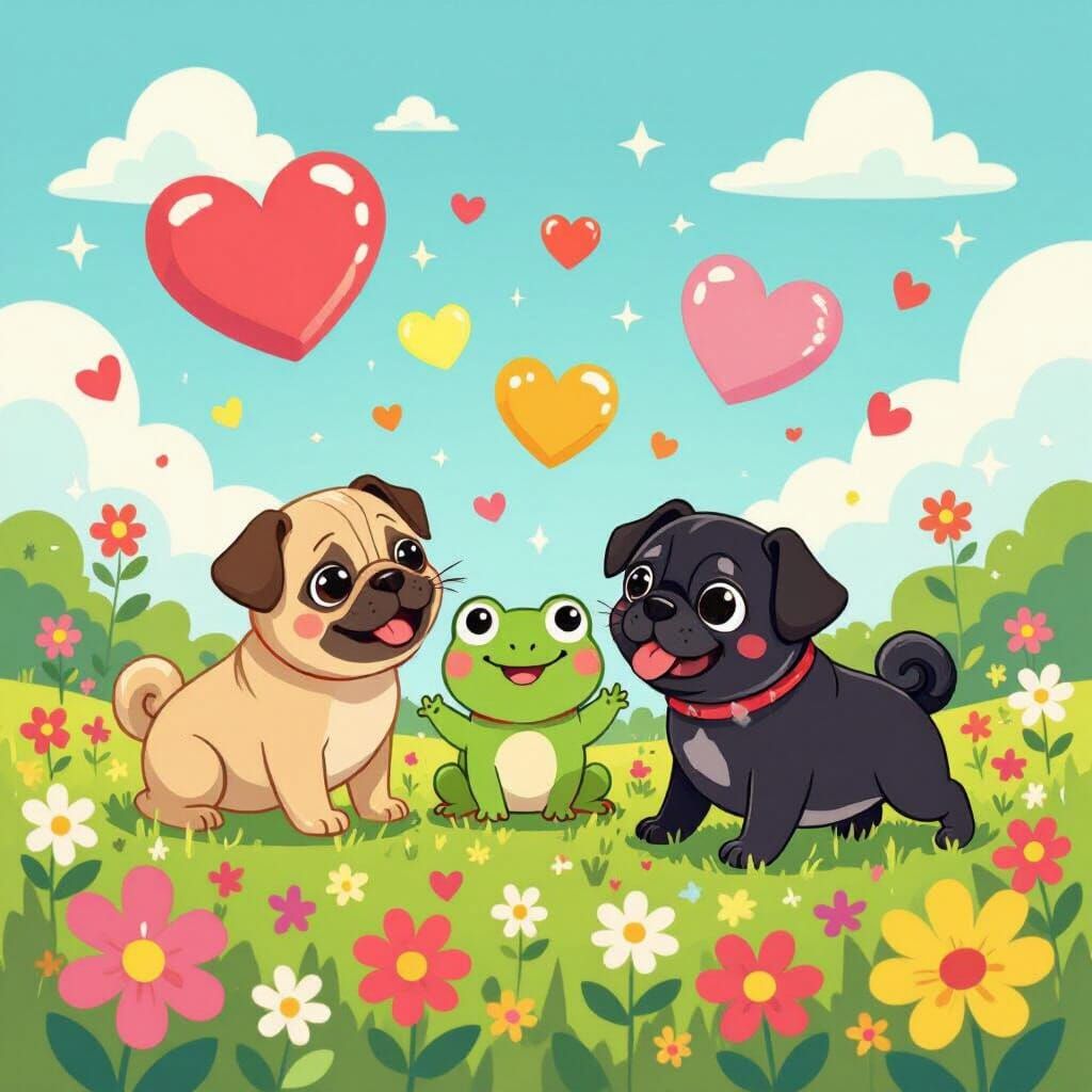 Cartoon Frogs and Pugs in a Flower Field