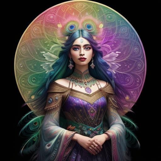 Radiant Woman with Peacock Feathers in Digital Painting