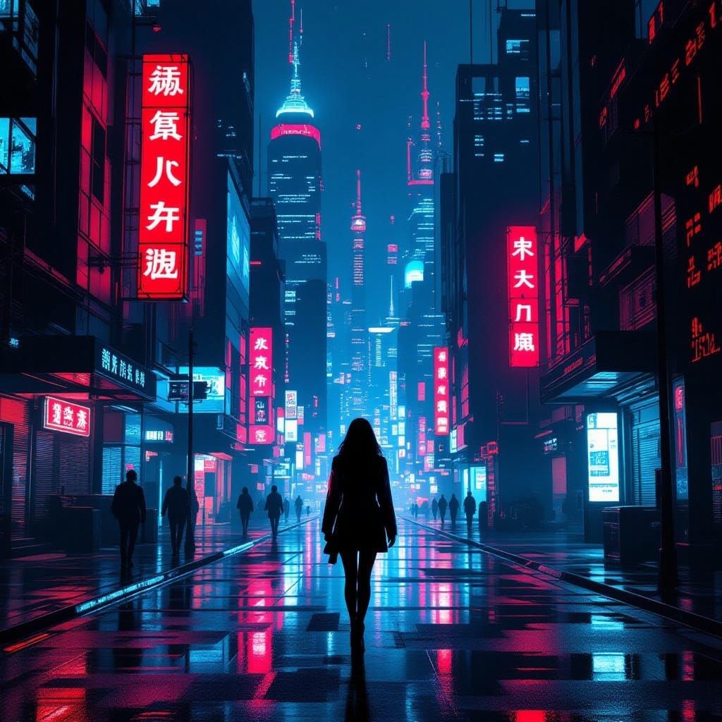 Cyberpunk Cityscape at Night with Neon Lights