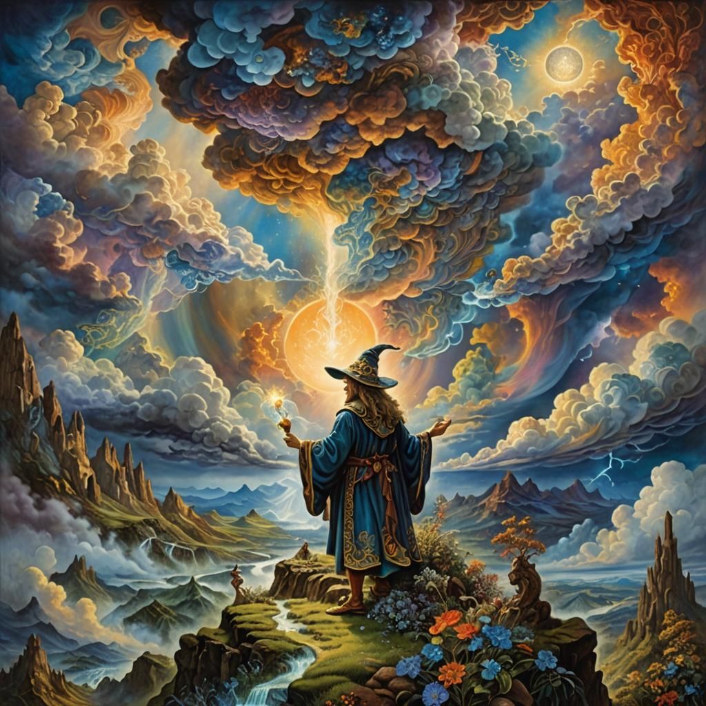 Wizard Summons Stormclouds in Surreal Fantasy Art