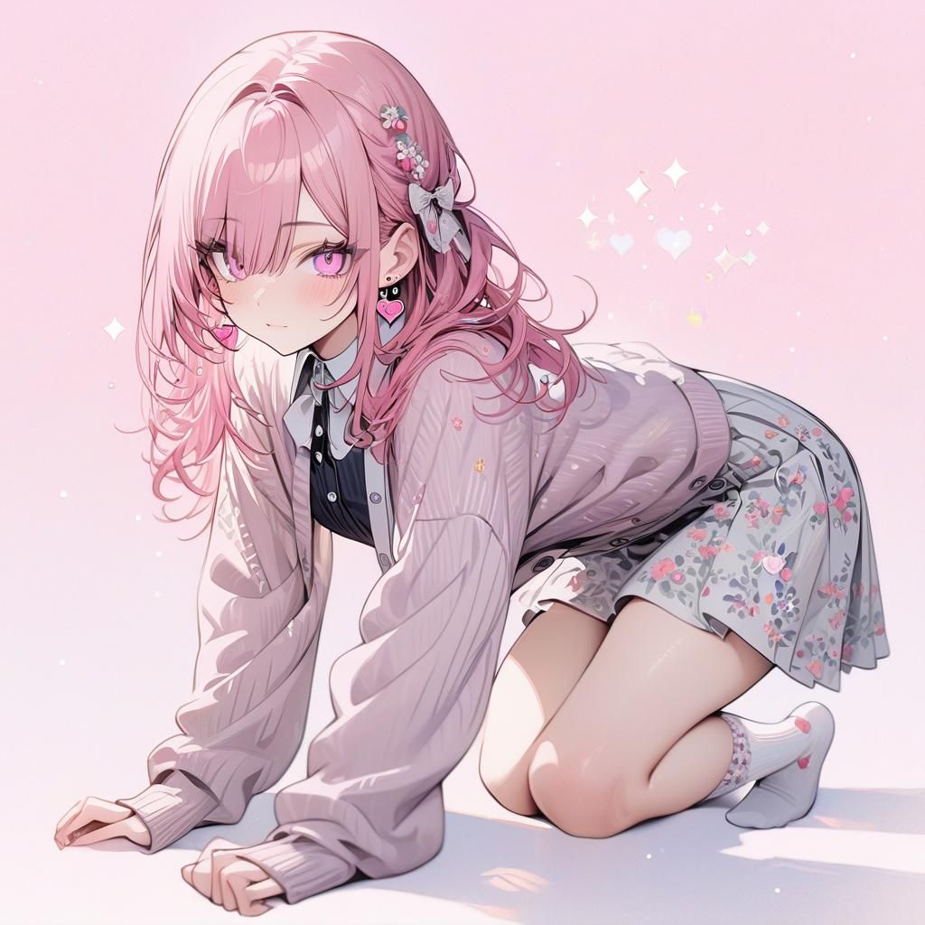 Anime Girl with Pink Hair and Floral Skirt