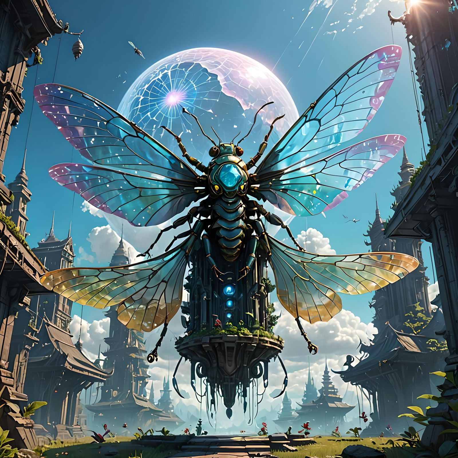 Holographic Temple with Bioluminescent Wings