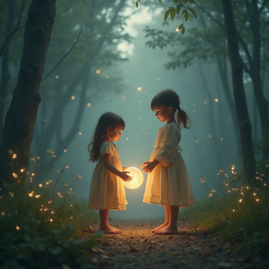 Children with Glowing Orb in Dreamlike Forest