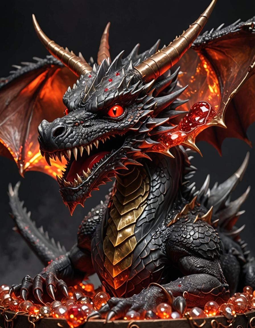 Dark Gray Dragon in Copper Jewelry, Maximalist Digital Paint...