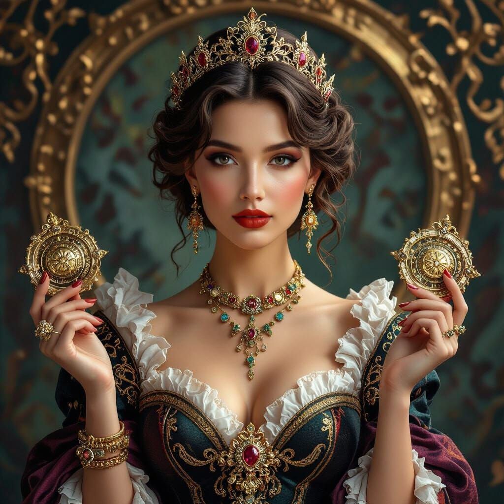 Elegant Woman with Symbols of Wealth in Dark Fantasy Style