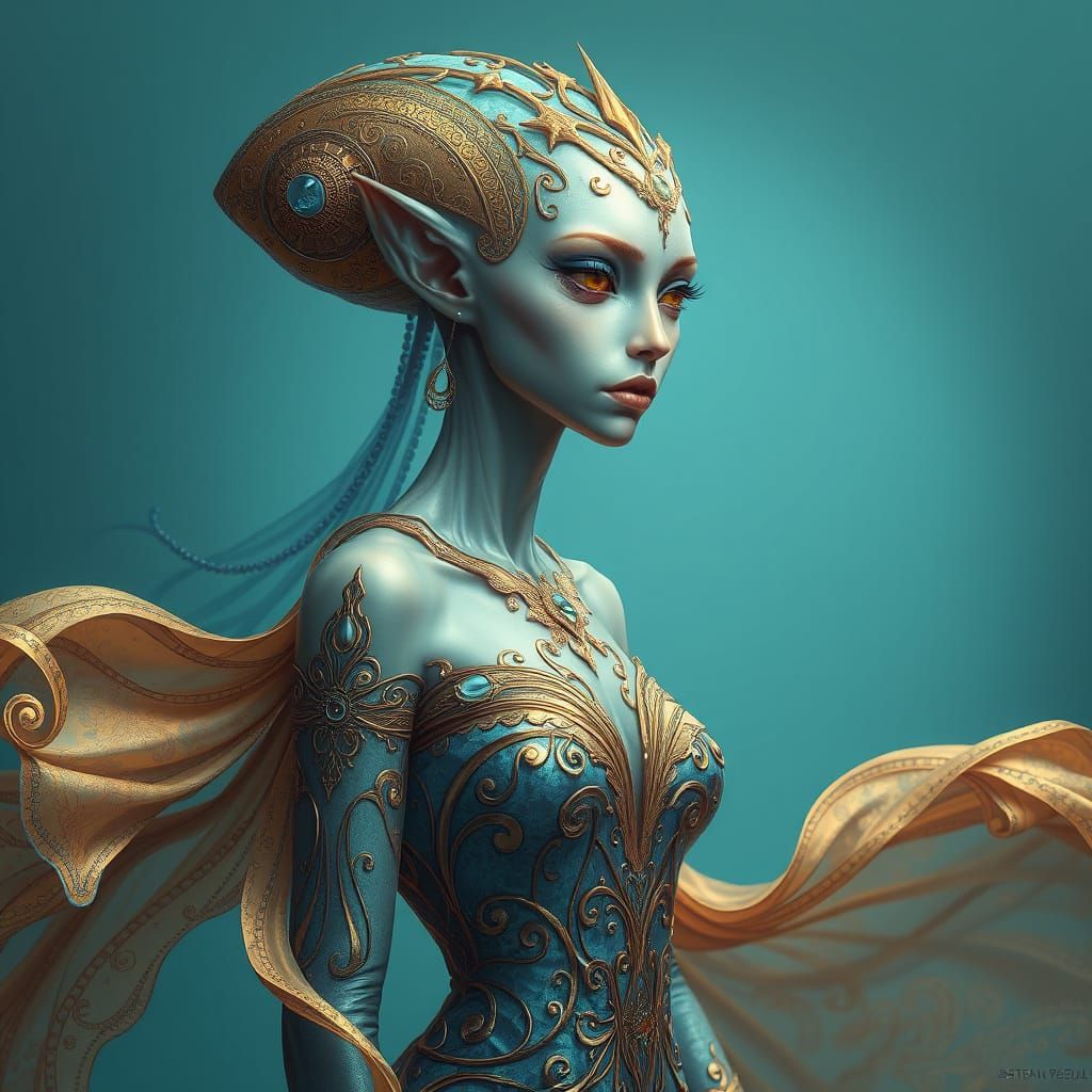 Regal Alien Goddess in Ethereal Gold and Blue Attire