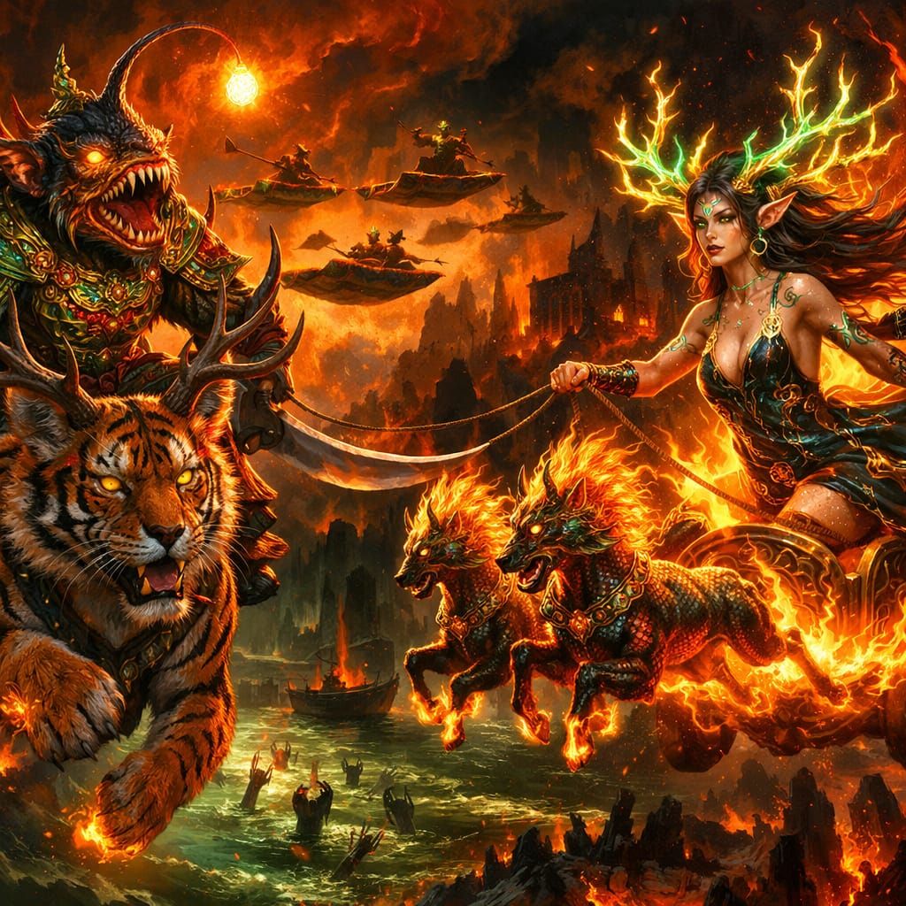 Mythical Hybrid Creatures in Neon Battle