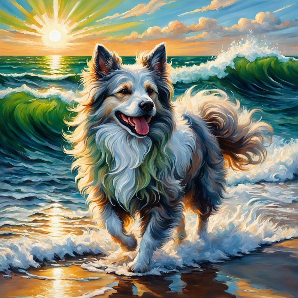 Fluffy Dog Walking in Ocean, Neo-Impressionist Style