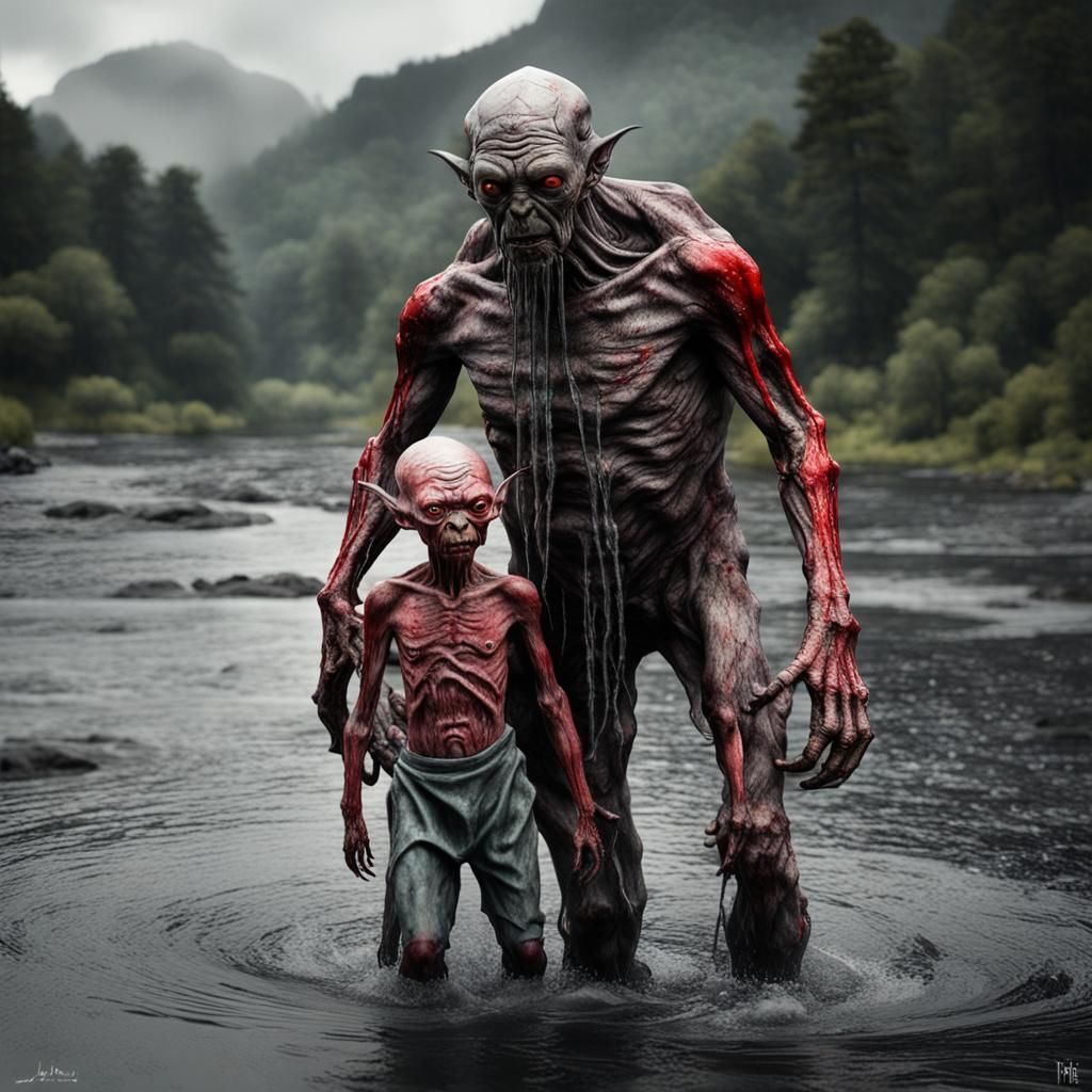 Old long bearded alien walking in river with other shorter alien.