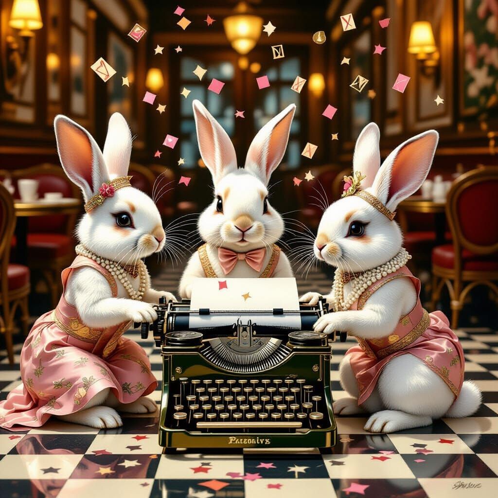 1920s Rabbits Typing in Parisian Cafe