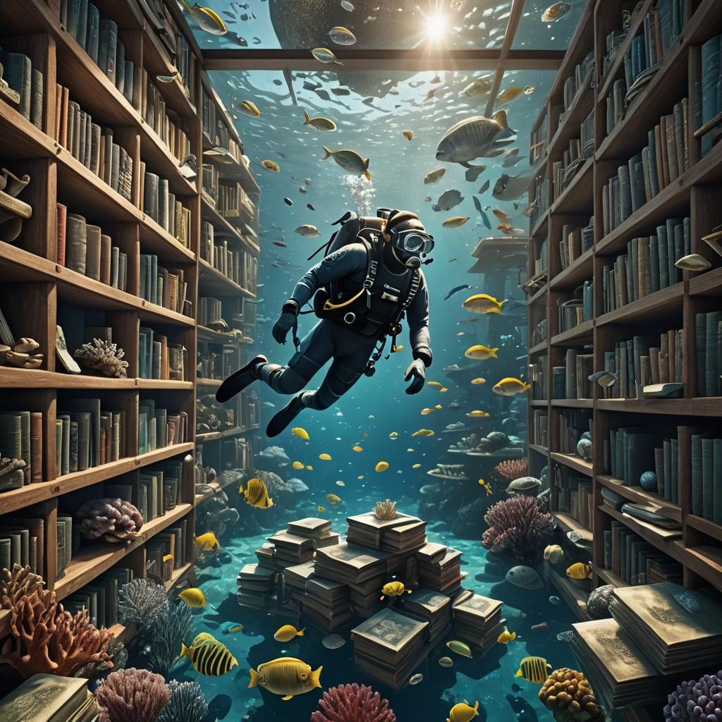 Diver Explores Underwater Library in 3D Render