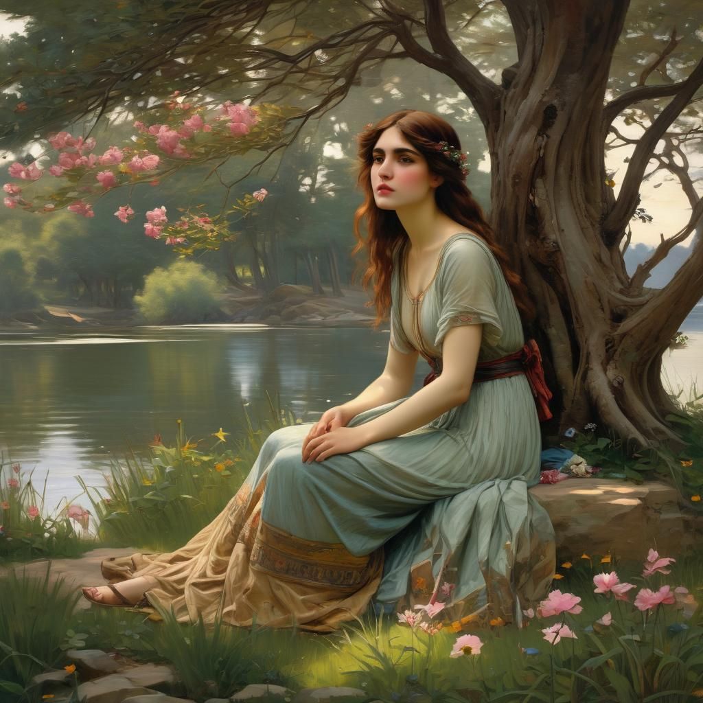 Art Nouveau Woman by Lakeside, in Waterhouse Style