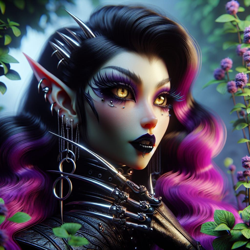 Elven Sorceress Kissing Batman in Garden, Hyperrealistic