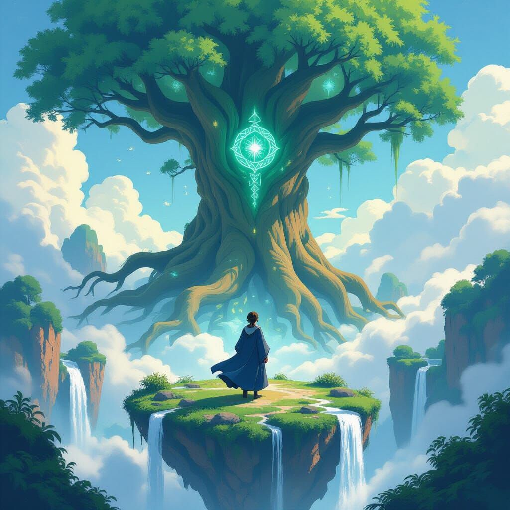 Mage Gazing at Ancient Tree on Floating Island