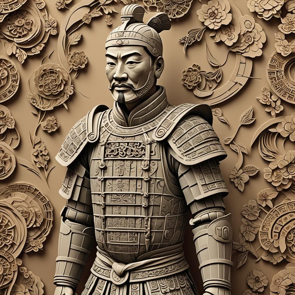 Intricate Kirigami Terracotta Warrior Digital Painting