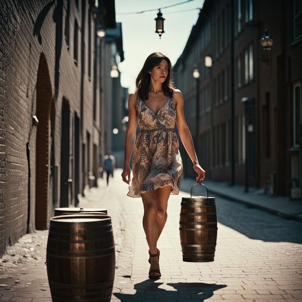 Woman in Sundress Walking Medieval City Street