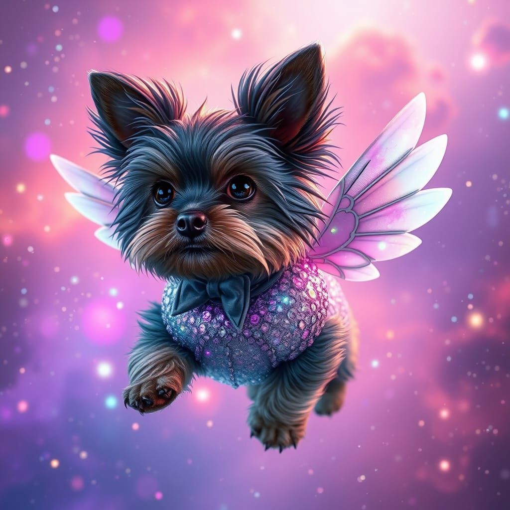 Surreal Parti Yorkie Soars Through Cosmic Nebula