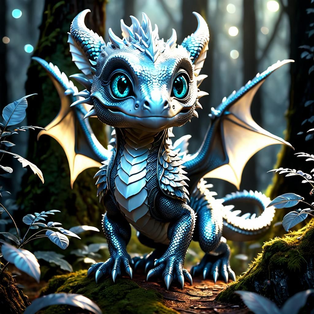 Adorable Silver Dragon in Magical Forest