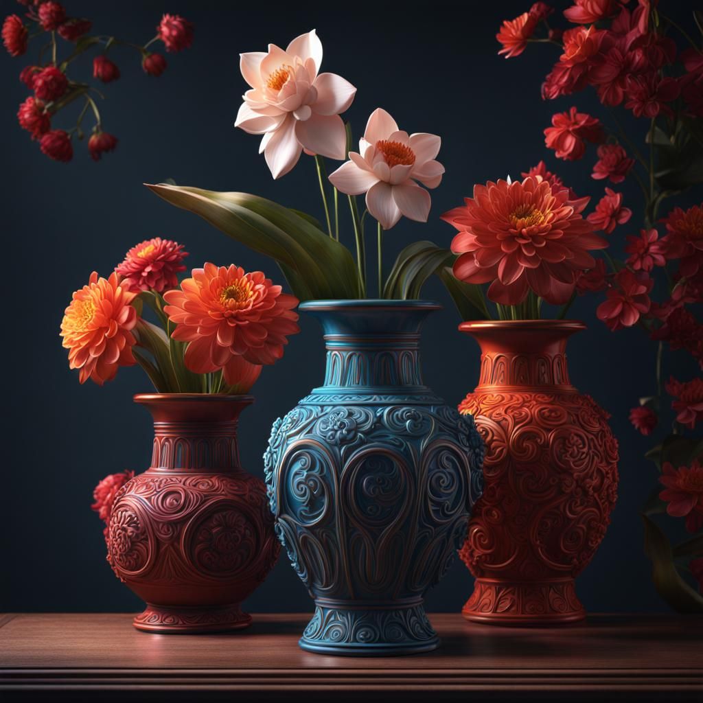 Ceramic Vases and Flowers in Detailed 3D Render