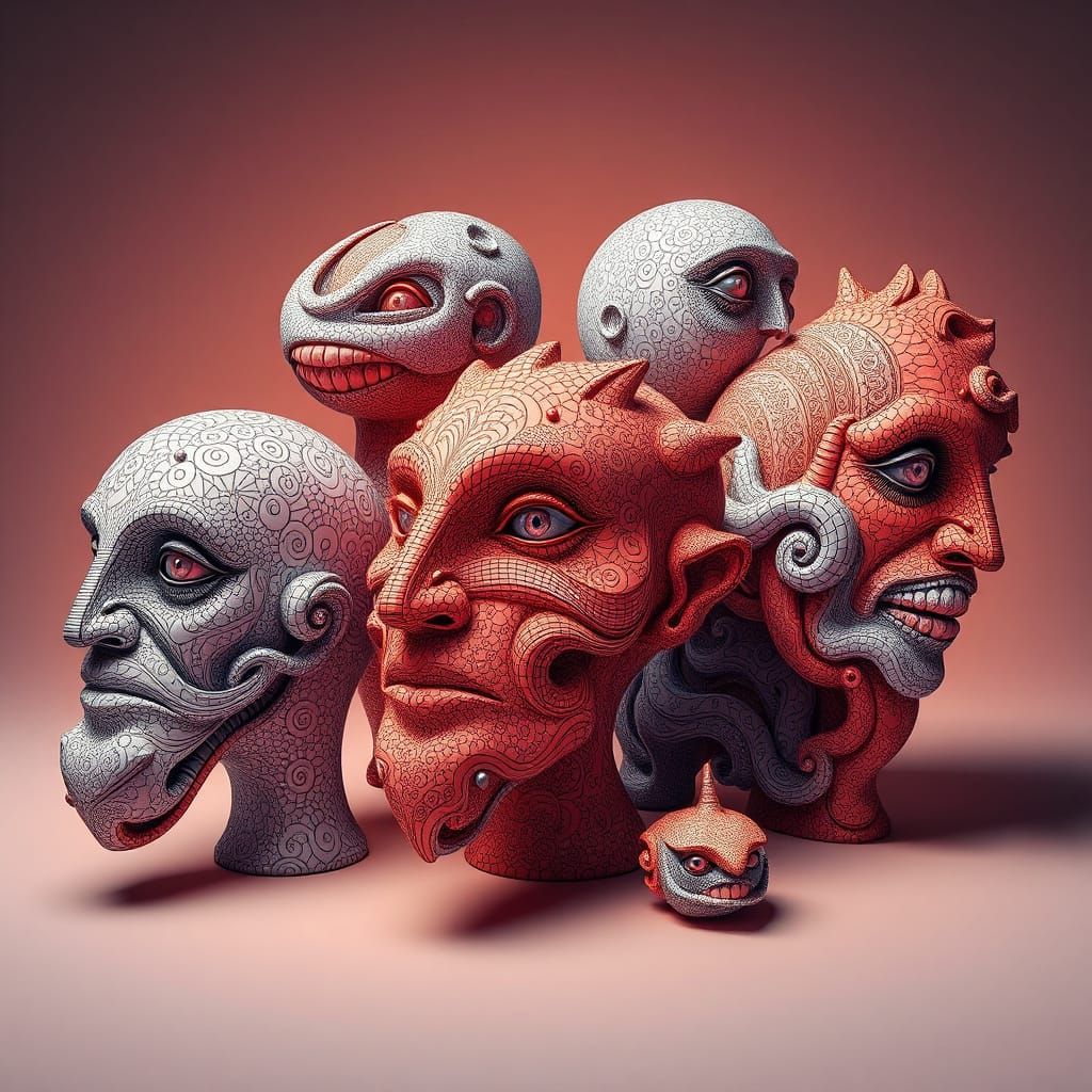 Abstract Objects with Faces in Zentangle Vector Art