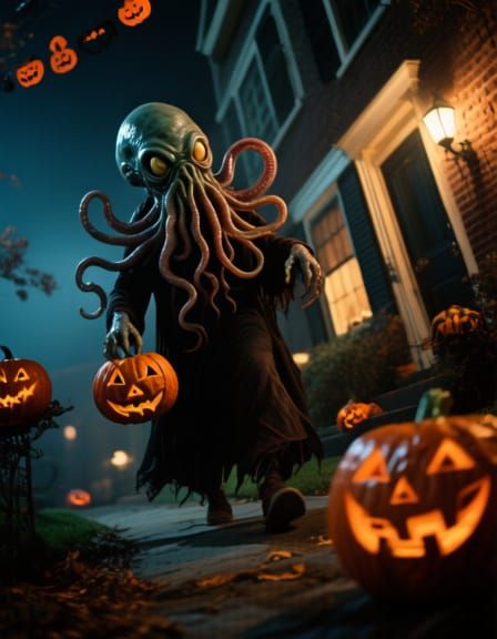 Cthulhu Trick-or-Treating in Vintage Horror Film Style