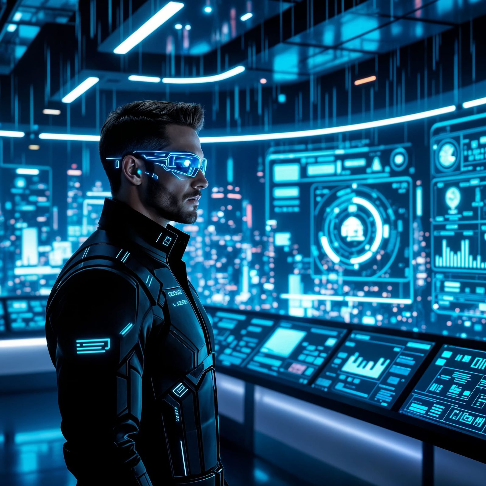 Cyberpunk Tech Mogul in Control Room