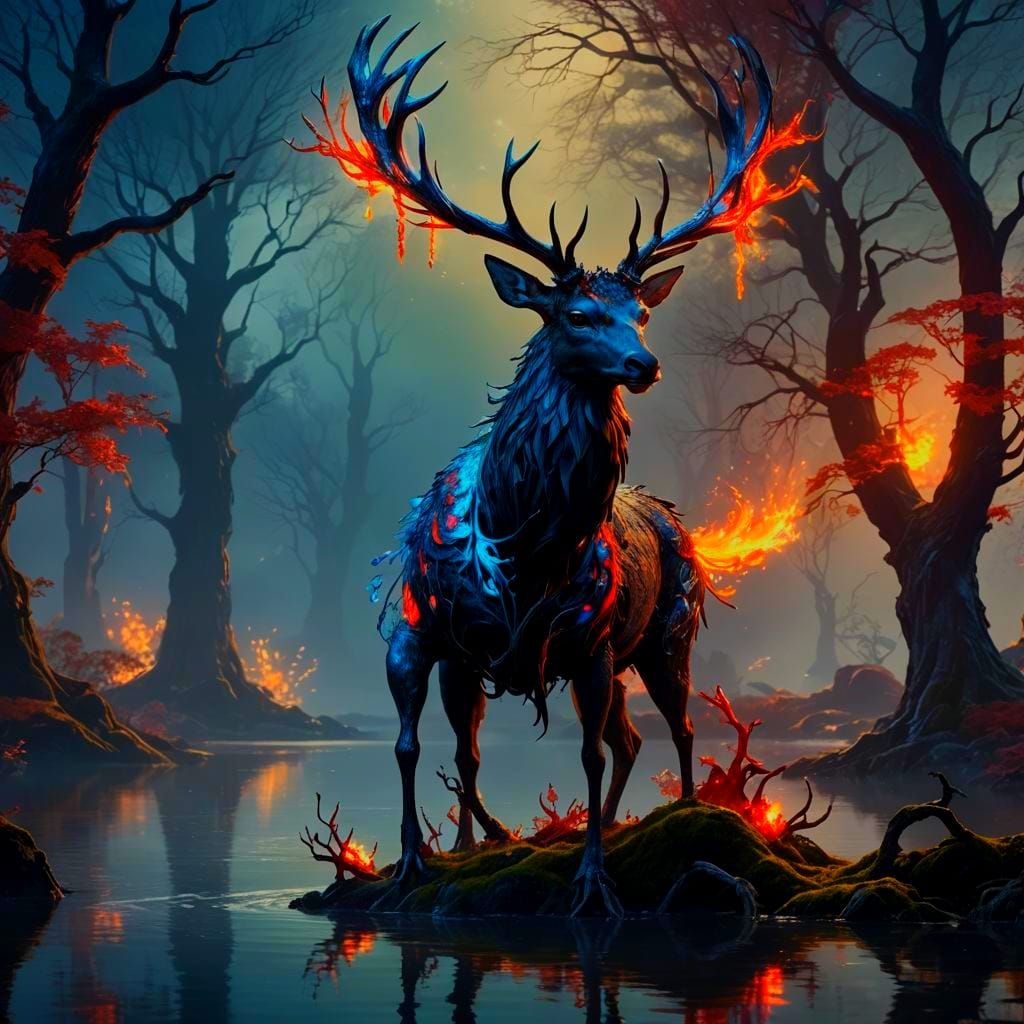 Mythical Phoenix-Stag Creature in Enchanted Forest