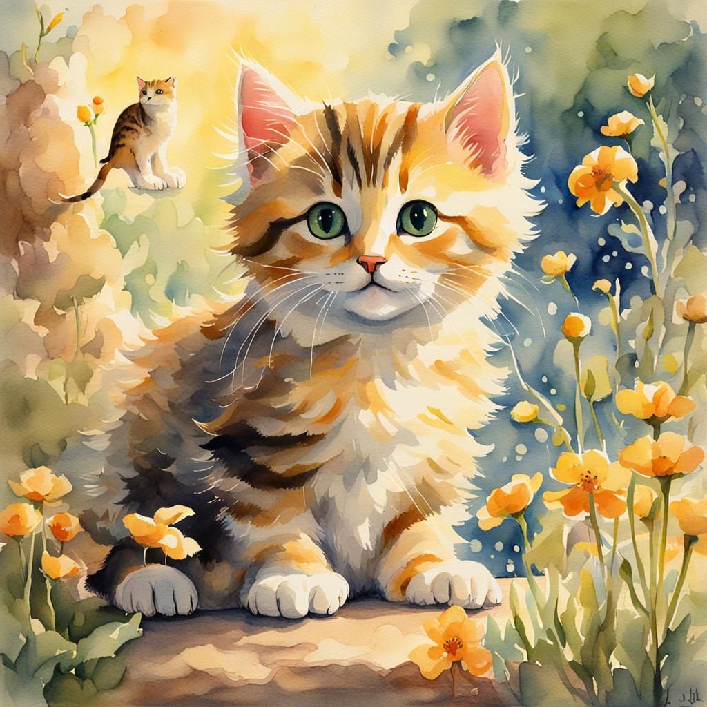 Kitten in Wonderland: Detailed Watercolor Illustration