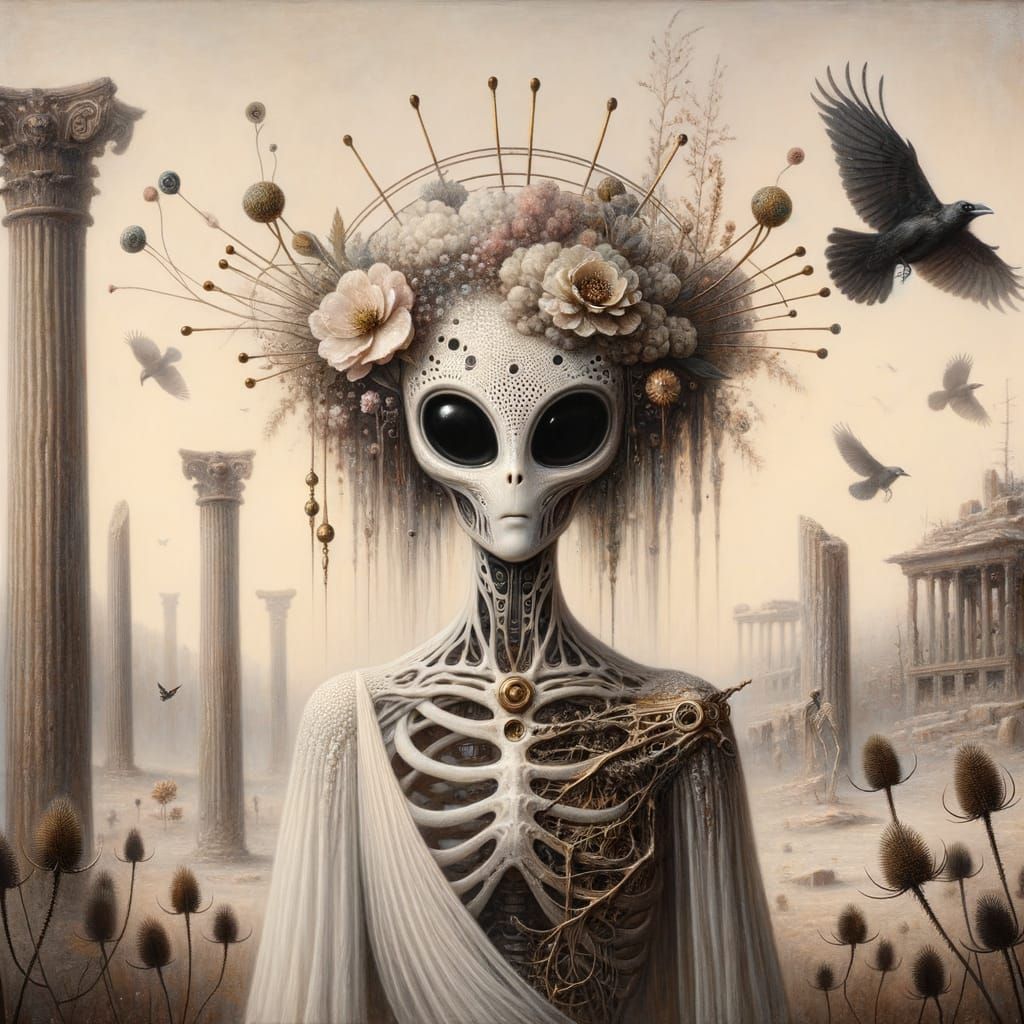 Gothic Oil Painting: Alien Hybrid with Porcelain Features